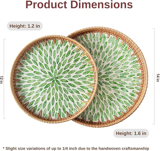 14 inch Round Rattan Tray Home Decor, Wicker Serving Tray with Mother of Pearl Inlay, Boho Decorative Tray for Coffee Table, Display, Ottoman, Kitchen Table, Bathroom (Green)