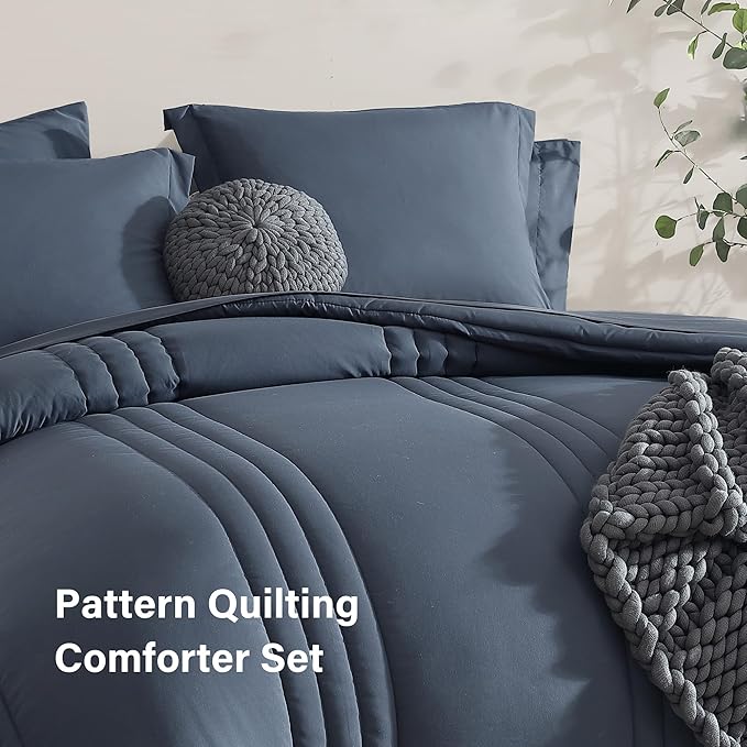 Monbix Twin XL Size Comforter Set - Extra Long 5 Pieces Dorm Bedding Sets, Quilting Design Fluffy Bed in a Bag Twin XL with Sheets, Pillowcase & Sham(Blue Grey)