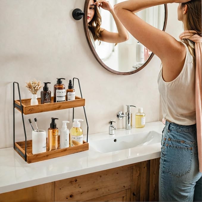 Demigo Acacia Bathroom Organizer Countertop 13.6 x 14 x 6.7 inches, 2-Tier Wood Counter Standing Rack, Countertop Storage Shelf for Organizing Bathroom Kitchen Office Desk Vanity Cosmetic Balcony