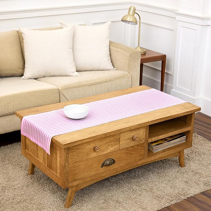 Solino Home Linen Table Runner 48 Inches - Amalfi Stripe 100% Pure Linen Pink and White Table Runner 14 x 48 Inch Ideal for Dresser and Coffee Tables, Summer