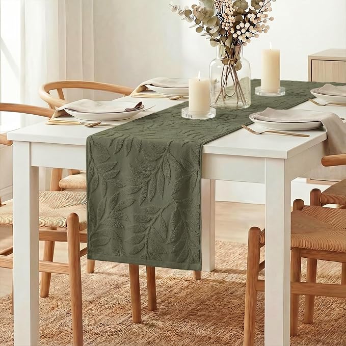 Artoid Mode Olive Green Soft 3D Jacquard Leaves 100%Cotton Spring Table Runner, Holiday Kitchen Dining Table Decoration for Home Party Decor 13x72 Inch