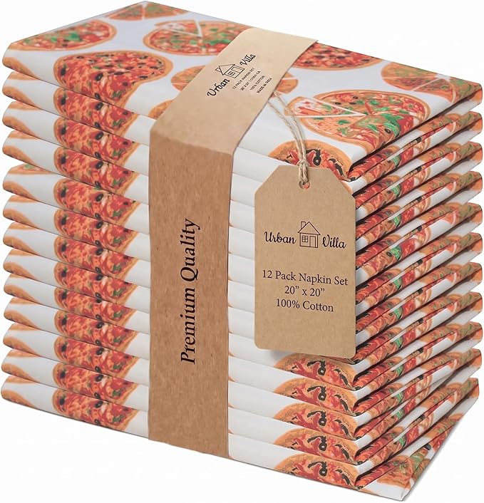 Urban Villa Cloth Napkins 100% Cotton Highly Absorbent Washable Durable Reusable Premium Dinner Napkins Ideal for Gifts for Mothers Day Hotel Farmhouse Parties - Pizza (20" x 20", Set of 12)