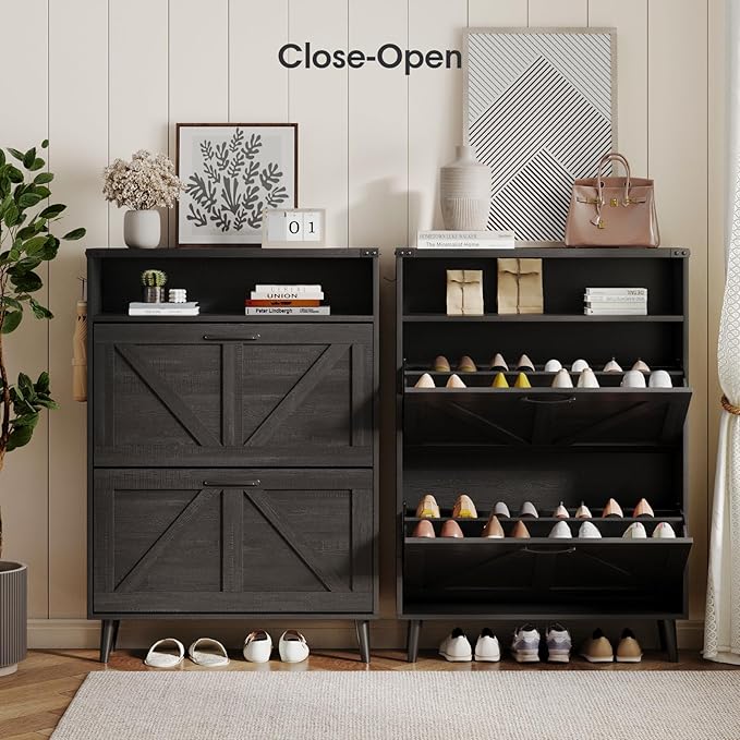 Halitaa Shoe Cabinet with 2 Flip Drawers & Open Storage,Farmhouse Shoe Storage Cabinet for Entryway,Freestanding Narrow Organizer Rack with Legs,Foyer,Hallway,Black