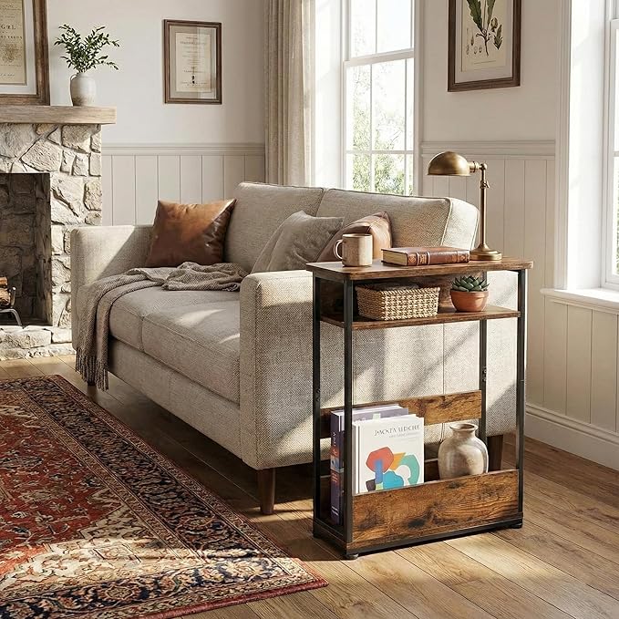 Narrow Side Table,3-Tier Slim End Table with Storage Shelf,Modern Sofa Table Thin Side Table for Narrow and Small Spaces, Skinny Bedside Table Small Nightstand with Magazine Rack Space Saving/Brown