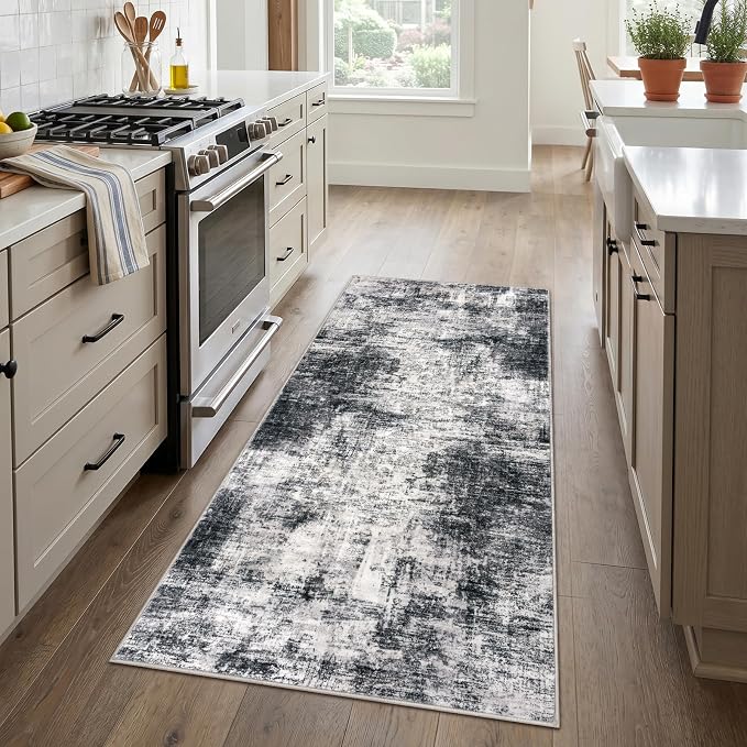 IOHOUZE Abstract Runner Rug 3x6 Ft Washable Runners for Hallways, Non Slip Kitchen Runner Printed Faux Wool Entryway Runner Indoor, Floor Carpet for Hall Kitchen Bedroom, Black Grey
