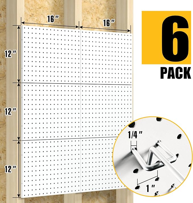 Spampur Peg Board, 6 Pack Metal Pegboard Panels, White Pegboards Organizer | Heavy Duty Peg BoaWalls Home, Garage Tool Storage, Gaming /Desk /Office Organizer, Craft Room, Home Improvement