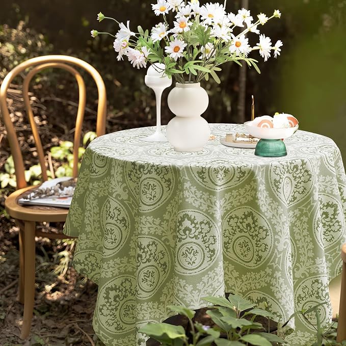 Vintage Green Printed Square Tablecloth: Floral Linen Farmhouse Table Cloth - Sage Damask Pattern on Burlap Textured Fabric Outdoor Table Cover for Kitchen,Dining,Party,Picnic Decor, 55x55 Inch