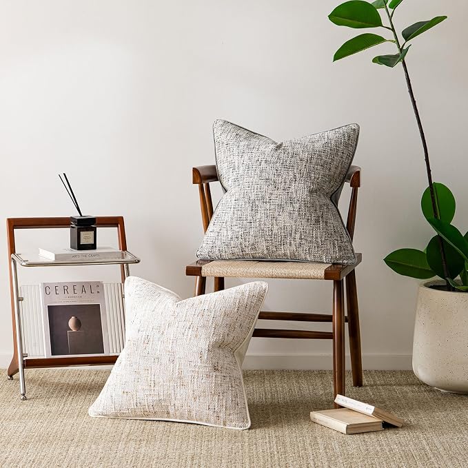 a moment Beige Reversible Pillow Covers 2 Pack - Farmhouse Chenille Velvet Throw Pillows, Neutral Textured Decorative Throw Pillow Covers with Border for Couch Sofa Bed (24x24 Inch, No Insert)
