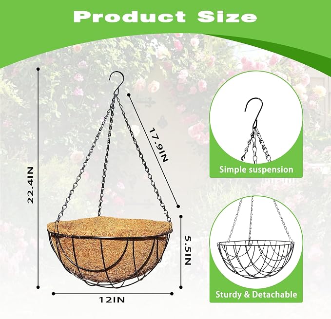 2 Pack 12 Inch Black Metal Hanging Basket Hanging Planter with Coco Coir Liner Heavy Duty Hanging Flower Pot Holder for Indoor Outdoor Patio Garden Porch Balcony Decor (Earth)