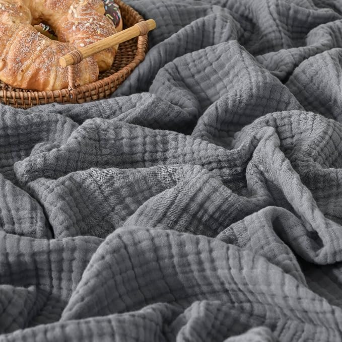 Esterra Muslin Twin Size Cozy Soft Lightweight Pre-Washed Cotton Blanket, All Season Breathable 4-Layer Gauze Blanket Throw for Couch Bed, Dark Gray, 66x90 Inches