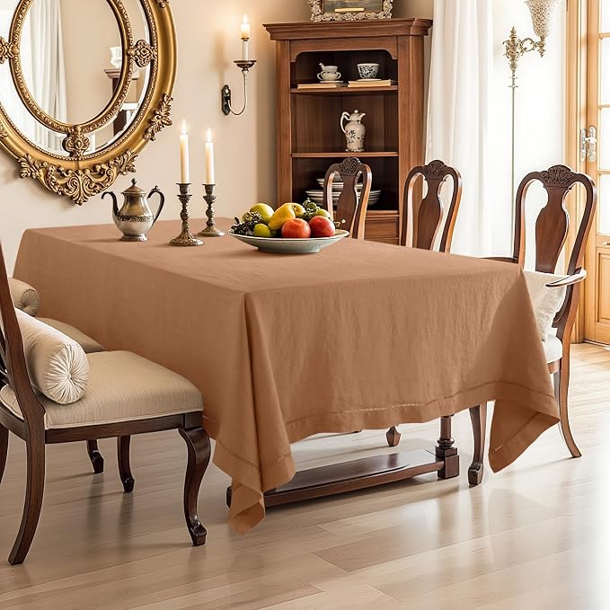 Linen World Fall Linen Tablecloth 120" x 60" Inch,French Linen Washable Rectangular Table Cloth for Dining,Outdoor, Weddings and Restaurants,Decorative Thanksgiving Christmas,Beige Hemstitch