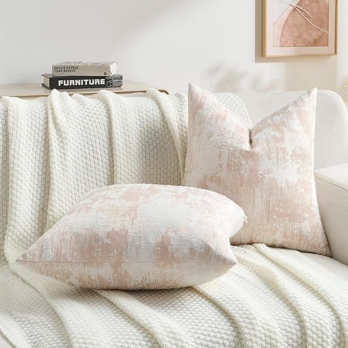 FUTEI Pack of 2 Faux Cashmere Jacquard Throw Pillow Covers 22x22 Inch Soft Marble Pattern Vintage Decorative Cushion Case Modern Farmhouse Accent for Couch Bed Living Room, Pink White