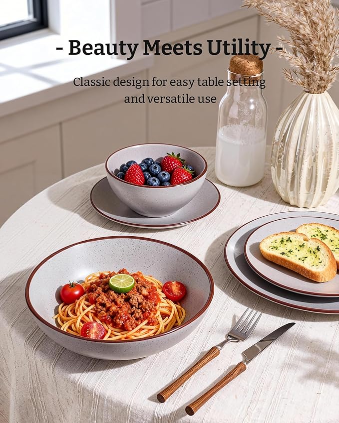 Famiware Venus Speckled Dinnerware Set with Pasta Bowls for 4 (16 Pieces), Stoneware Plates and Double Bowls, Matte Light Gray - Microwave & Dishwasher Safe Dishes with Trim for Everyday & Formal Use