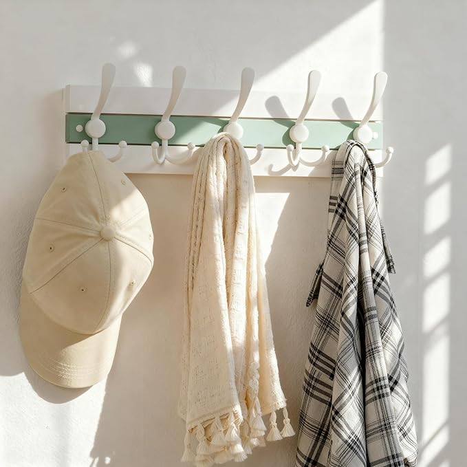SKOLOO Coastal Wall Mounted Coat Rack - 16-7/8" Beach House Entryway Wooden Coat Hook with 5 Hooks for Hanging Coats, Hats or Towels, Oceanfront Cottage Core Collection, White & Green, Pack of 2