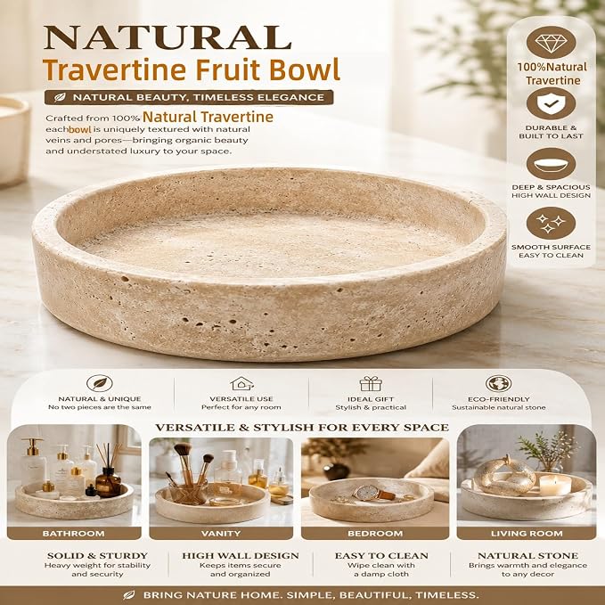 Natural Travertine Decorative Bowl 8",Fruit Bowl for Kitchen Counter & Natural Stone Centerpiece for Coffee Table Decor, For Kitchen Fruit Bowl, Key Holder for Entryway, Dining Table Centerpiece.