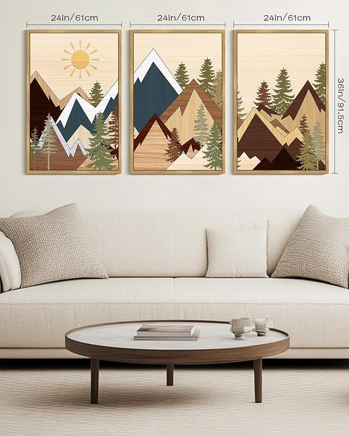 PHOPAGO Mountains Framed Wall Art Large 24x36in Morden Boho Woodcut Pine Tree Forest Nature Landscape Artwork Bohemain Farmhouse Bedroom Rustic Home Decor - Natural Framed
