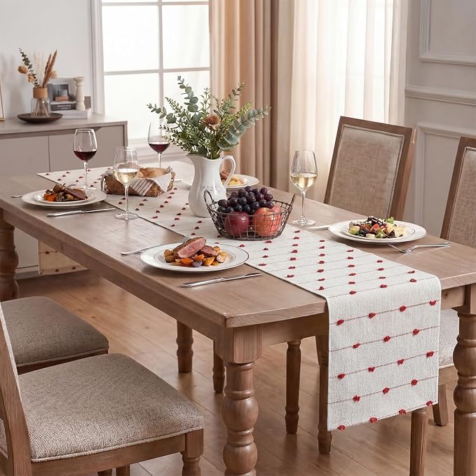 Artoid Mode Red Boho Farmhouse Cotton Woven Table Runner, Seasonal Christmas Kitchen Dining Table Decoration for Home Party Decor 12x36 Inch