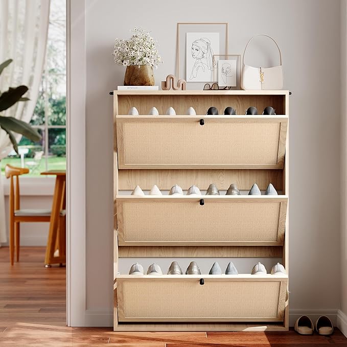Shoe Cabinet Storage with 3 Flip Drawer for Entryway, 31.5 Inch Farmhouse Slim Narrow Wood Storage Cabinet for Shoes, Freestanding Shoe Organizer for Living Room, Aparment (Natural)