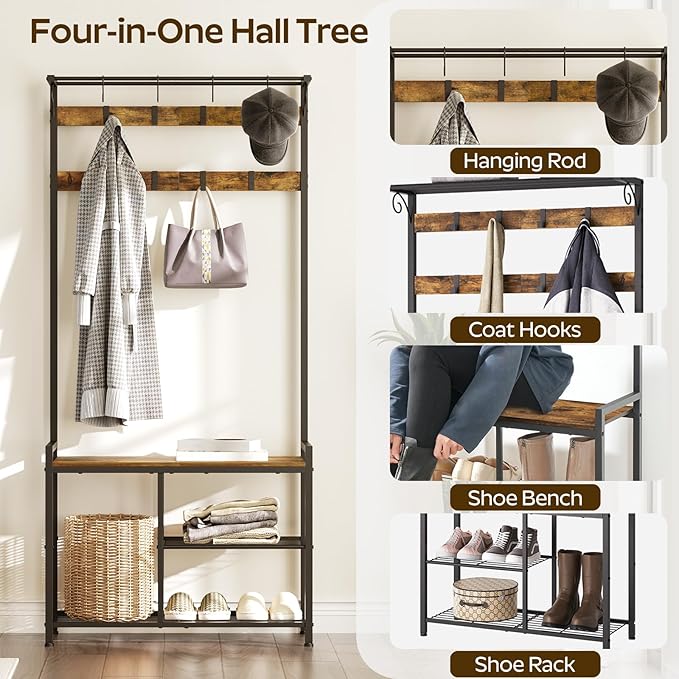 YATINEY Coat Rack Shoe Bench, 4-in-1 Hall Tree with Storage Shelves and Hanging Rod, Entryway Storage Organizer with 8 Movable Hooks, for Entryway, Hallway, Corridor, Rustic Brown and Black MT12BR