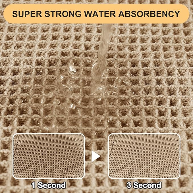 Waffle Bath Mat, Boho Woven Modern Bath Rug Absorbent Non Slip, Ultra Soft Bathroom Mats, Machine Washable Knit Bath Rugs with Triangle Border for Bathroom, Bedroom, Kitchen, 36"x24", Beige & White