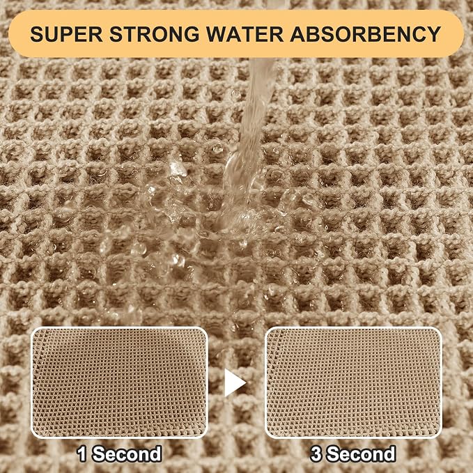 Waffle Bath Mat, Boho Woven Modern Bath Rug Absorbent Non Slip, Ultra Soft Bathroom Mats, Machine Washable Knit Bath Rugs Vertical Stripes with Ripples for Bathroom, Bedroom, Shower, 32"x20", Beige
