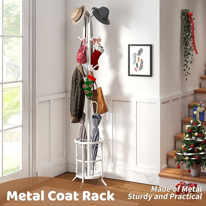 Coat Rack Freestanding with Umbrella Stand with 12 Hooks Metal Coat Tree Coat and Hat Hanger Jacket Entryway Coat Rack (White)
