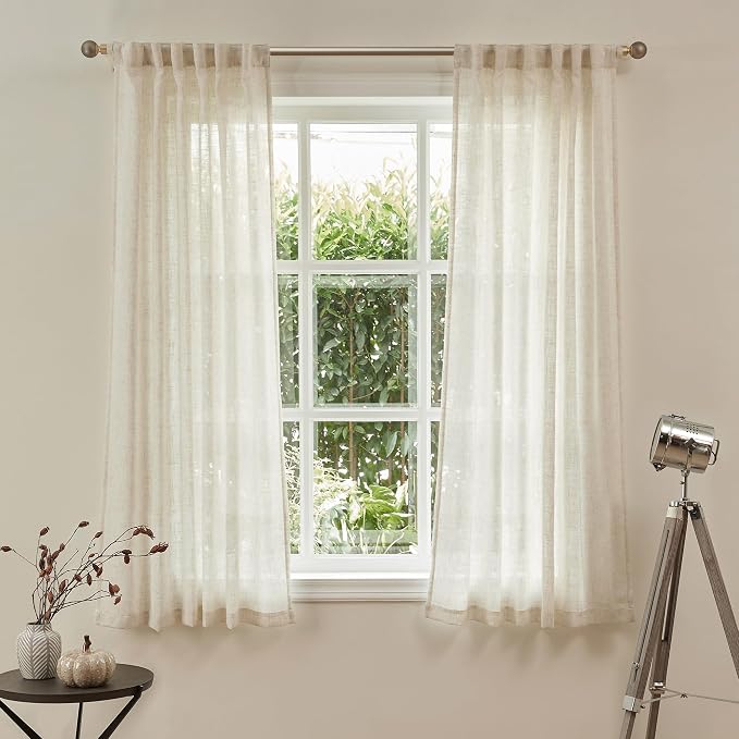 MYSKY HOME Farmhouse Kitchen Curtains 54 inches Long, Boho Curtain Panels Farmhouse Style Flax Linen Polyester Blend Texture for Home Decor, Light Soften Privacy Drapes, Linen, Pack-2