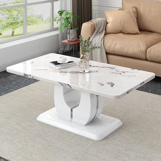 LKTART Rectangle Coffee Table for Living Room, Imitation Marble Coffee Tables with Storage, Modern Stable Base Accent Center Tea Table for Dining Room Small Space Apartment (43.3''L×22.4''H-White)