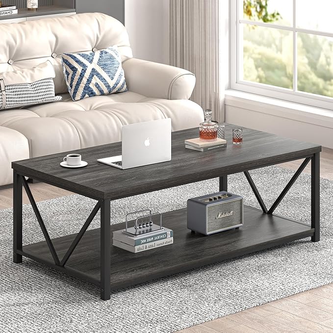 FOLUBAN Industrial Coffee Table with Storage Shelf, Modern Rustic Wooden and Metal Rectangle Center Table for Living Room, Dark Gray, 47 Inch