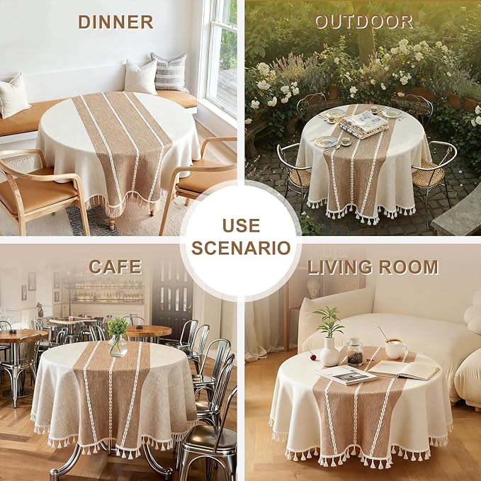 Laolitou Rustic Tablecloth Cotton Linen Waterproof Tablecloths Burlap Table Cloths for Kitchen Dining,Party,Holiday,Christmas,Buffet Coffee Lines, Round, 55", 2-4 Seats