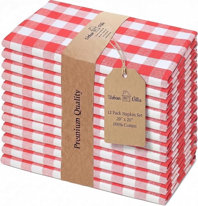 Urban Villa Cloth Napkins 100% Cotton Highly Absorbent Washable Durable Reusable Premium Dinner Napkins Ideal for Gifts for Mothers Day Hotel Farmhouse Parties - Red/White (20" x 20", Set of 12)
