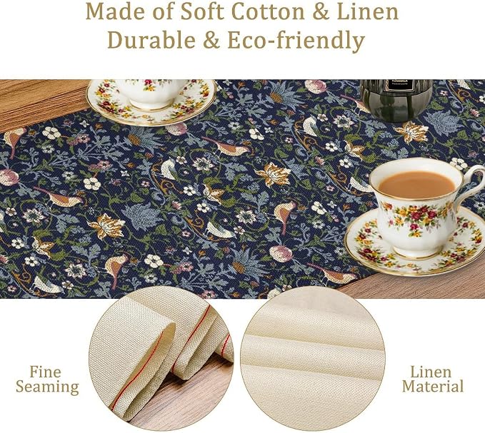 William Morris Vintage Flower Table Runner, Beautiful Vintage Boho Floral Tree Plant Birds Pattern Dinner Runner for Home Kitchen Dining Table 13x90 Inch