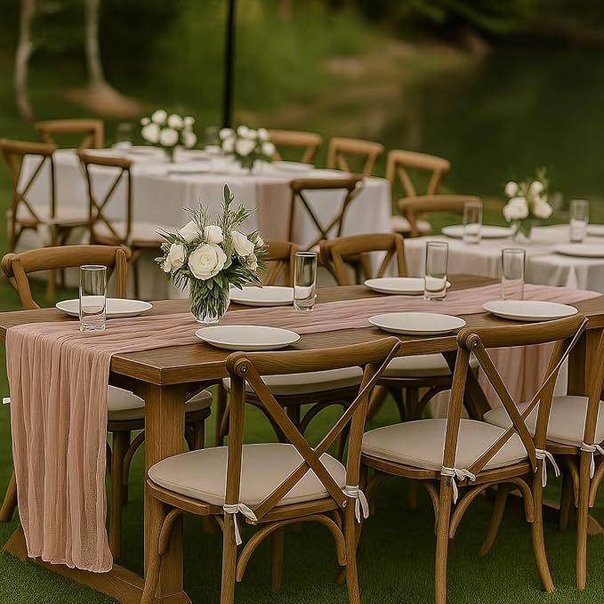 10FT Dusty Pink Cheesecloth Table Runner – 120 Inch Blush Gauze Table Decor for Baby Girl Shower, Bridal Brunch, Mother’s Day, or Romantic Vintage Party Setup
