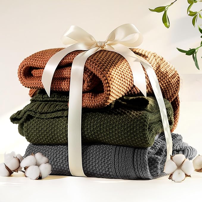 100% Cotton Cable Knit Throw Blanket, Lightweight Soft Knit Blanket for Sofa Couch Bed, Breathable All-Season Throw, Cozy Decorative Blanket, 50 x 60 Inch,Olive Green
