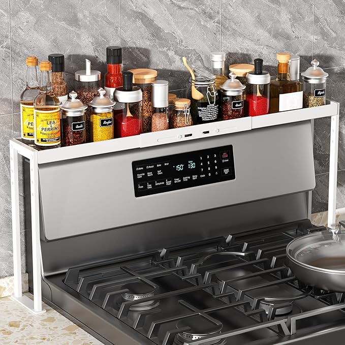 BOIVSHI Stove Top Shelf, Stove Rack Shelf for Back of Stove, Over the Stove Spice Rack,Over Stove Spice Rack Adjustable 27-33 inch for Kitchen Stove, Oven, Sink Spice Organizer, White
