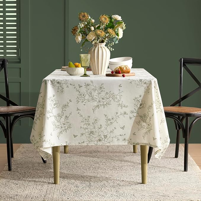 Rustic Green Floral Tablecloth Farmhouse Vintage French Linen Tablecloths Rectangular with Flowers Pattern Burlap Textured Outdoor Table Cover for Picnic,Dining,Party,Home Decor 55x72 Inch