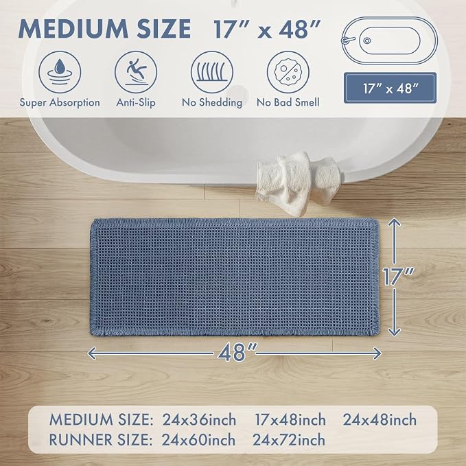 MIULEE Waffle Bathroom Runner Rugs, Super Absorbent Non Slip Bath Rug, Upgraded Soft Quick Dry Washable Boho Long Bath Mat with Tassels for Hallway Laundry Room Bedroom, 17"x48", Blue