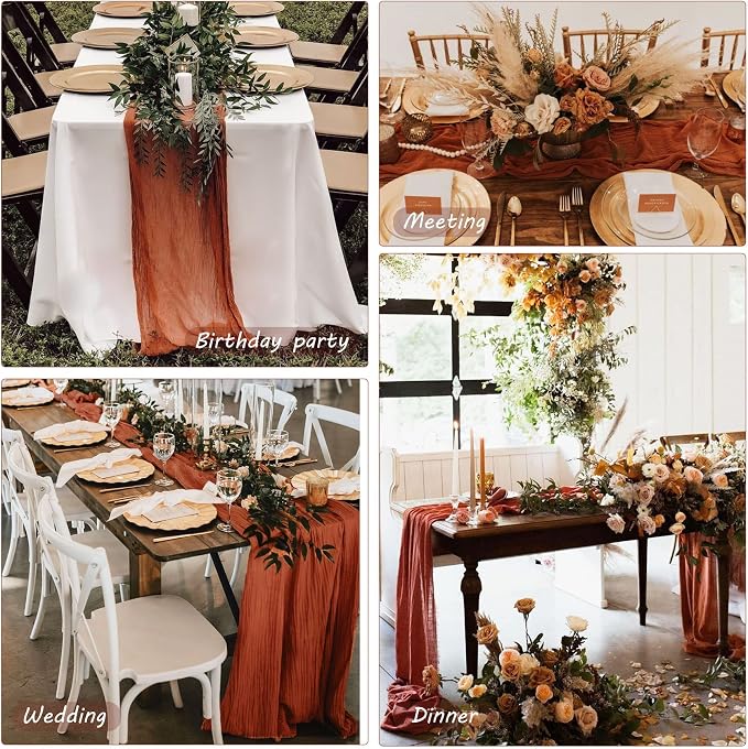 12 Pack 10Ft Cheesecloth Boho Gauze Table Runner - 35x120 Inch Rustic Cheese Cloth Long Romantic Table Runner for Wedding Bridal Shower Birthday Party Decor (Terracotta)