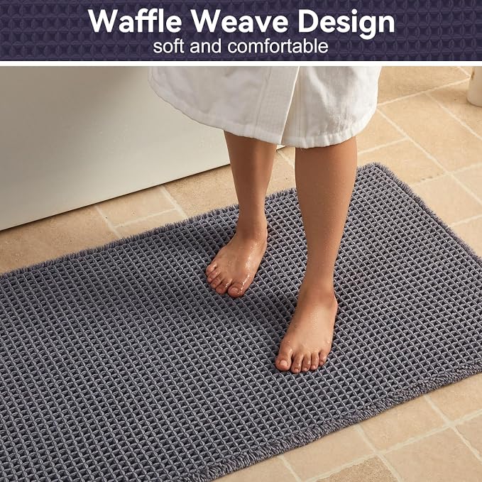 Triohero Waffle Bath Mat, Boho Bathroom Rugs Non Slip Washable, Ultra Soft Super Absorbent Quick Dry Farmhouse Bathroom Decor, 24" x 36", Dark Grey