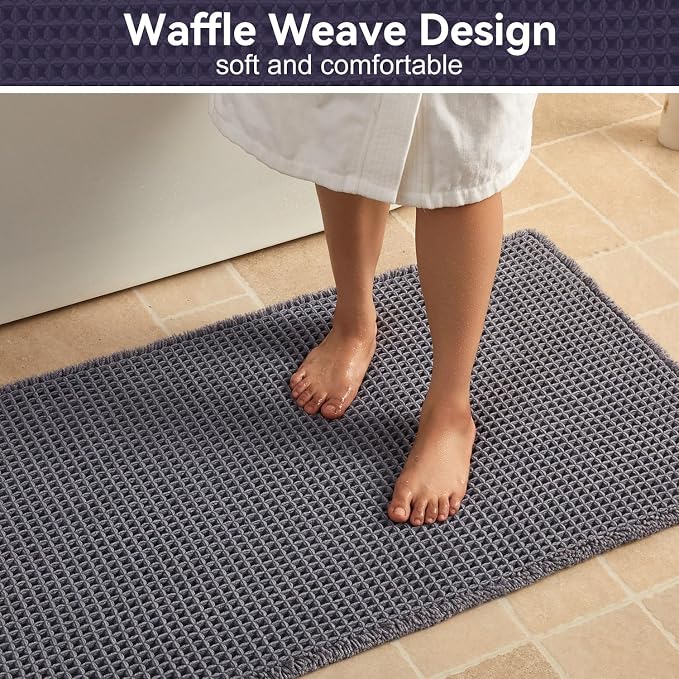 Triohero Waffle Bath Mat, Boho Bathroom Rugs Non Slip Washable, Ultra Soft Super Absorbent Quick Dry Farmhouse Bathroom Decor, 20" x 30", Dark Grey