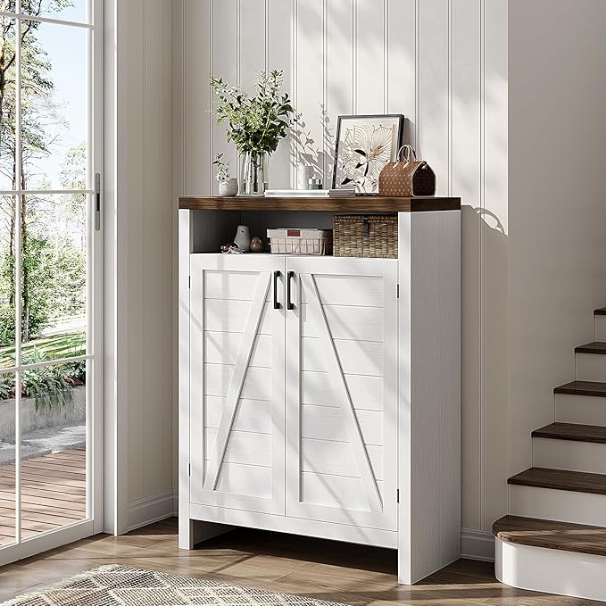 ONBRILL 6-Tier Shoe Cabinet with Doors, Farmhouse Shoe Storage Cabinet with Adjustable Shelves, Large Capacity Wooden Shoe Rack Organizer for Entryway, Closet, Hallway, Living Room, White