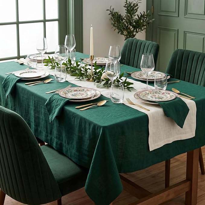 Solino Home Linen Tablecloth for Rectangle Tables 60 x 108 Inch - 100% Pure Linen Rainforest Green Table Cloth - Fete, Machine Washable Cloth Tablecloth