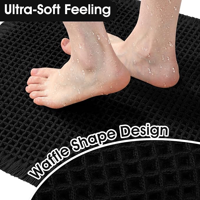 Upgraded Waffle Bath Mat Set 2 Piece Black, Super Absorbent Non-Slip Quick Dry Bathroom Rugs with Tassels, Machine Washable Ultra Soft Boho Bath Rugs for Floor, Toilet Mats Boho Farmhouse Decor