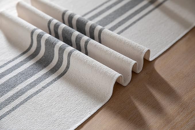 Boho Table Runner for Modern Farmhouse Decor, Dining Table décor 13 x 60 Inch Long with Handcrafted Tassels, Black and Beige Stripe Table Runner for Home Boho décor