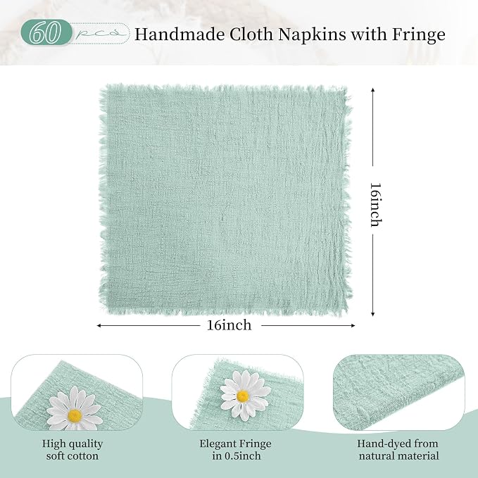 60 Pack Sage Green Napkins Cotton Linen Napkins 16 x 16 Inch Green Napkins Cloth Handmade with Fringe Soft Cloth Napkins Washable Rustic Dinner Napkins Cloth for Wedding Party Dinner Table