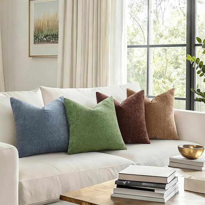 decorUhome Chenille Haze Blue Throw Pillow Covers 24x24 Inch Set of 2, Decorative Soft Couch Pillow Covers Solid Dyed Accent Velvet Farmhouse Neutral Square Pillow Cases for Sofa Bed Living Room