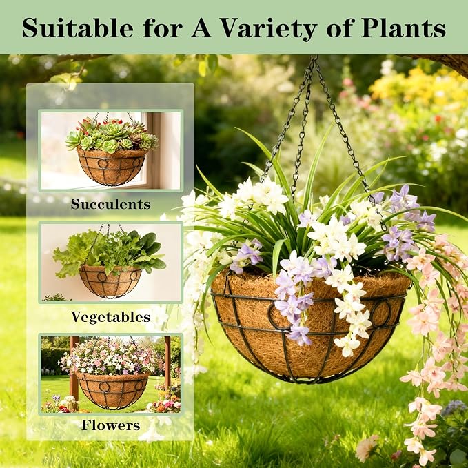 4 Pack 14 Inch Black Metal Hanging Planter Baskets with Coco Coir Liner Sturdy Hanging Flower Basket for Outdoor Indoor Garden Porch Patio Balcony Decor (Round)