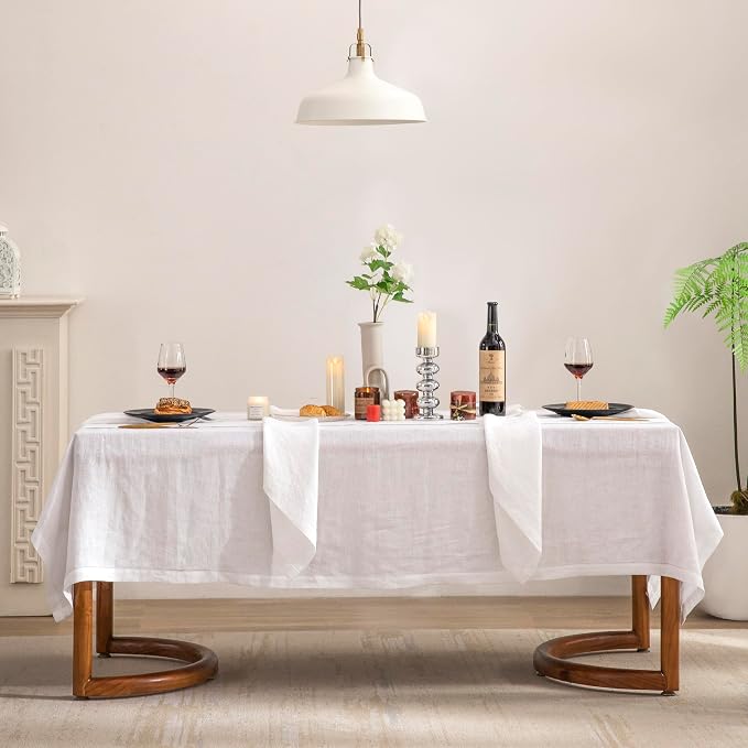 EVERLY Pure Linen Hemstitch Tablecloth,100% Stonewashed French Linen tablecloths for Kitchen Dining Rectangle Tables,60x84Inch Machine Washable Christmas Thanksgiving Organic Tablecloth-White