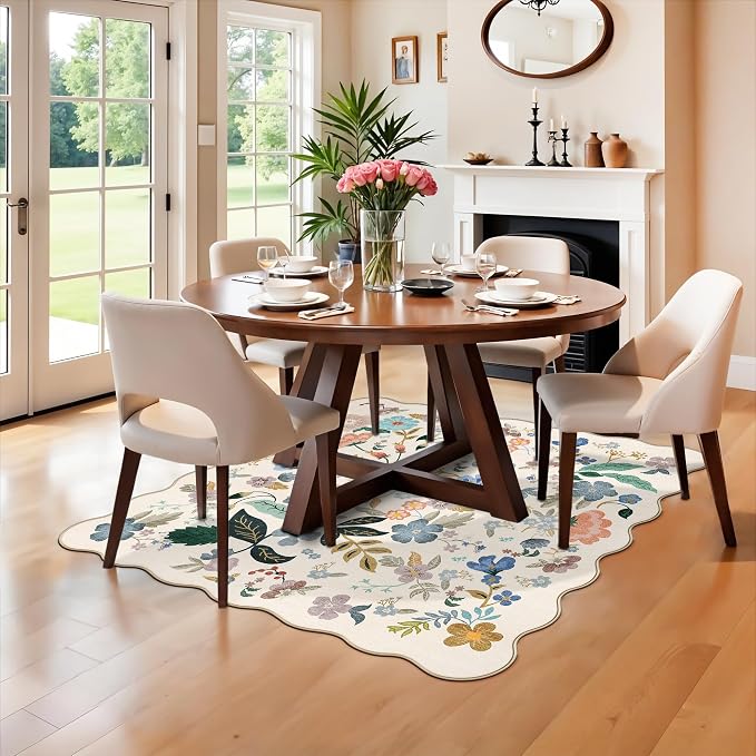 Floral Square Area Rugs for Family: Washable 5x5 Scalloped Carpet for Living Room Bedroom Soft Water Resistant Floor Mat with Non Slip Backing for Kitchen Nursery Dorms Farmhouse Home Decor(5x5,Cream)
