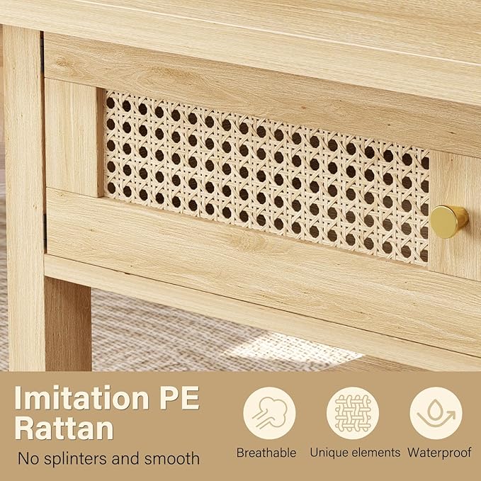 LVB Rattan Coffee Table, Boho Wood Living Room Table with Storage, Oval Modern 2-Tier Cocktail Tea Table with Doors & Open Shelf, Farmhouse Vintage Center Tables for Bedroom Office, Light Oak, 47In